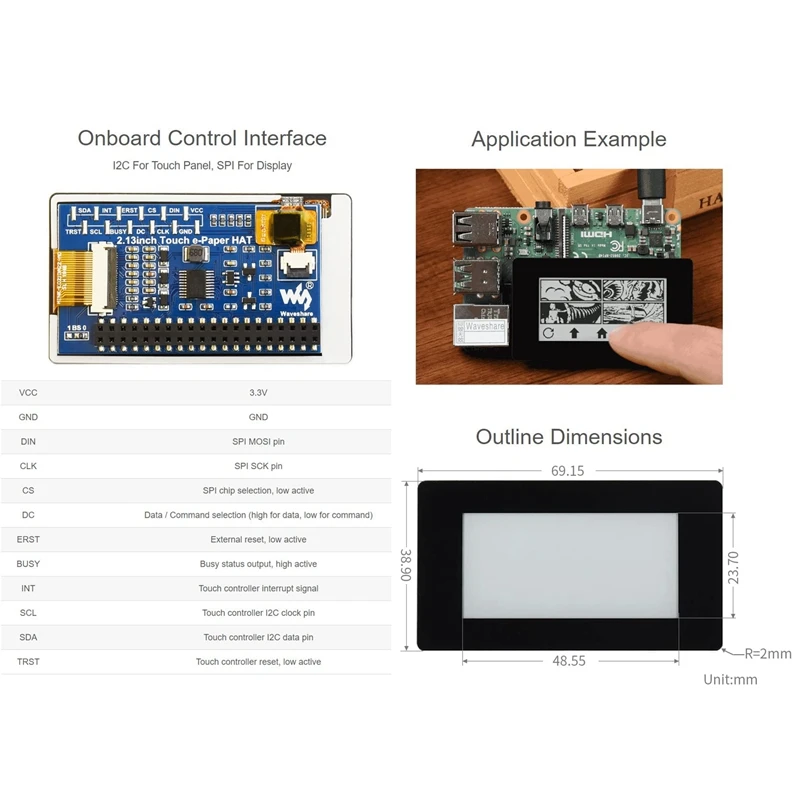 

Сенсорная Электронная бумага Waveshare 2,13 дюйма, E-Ink Display HAT для Raspberry Pi 250X12, 2 пикселя, черный/белый, с интерфейсом SPI