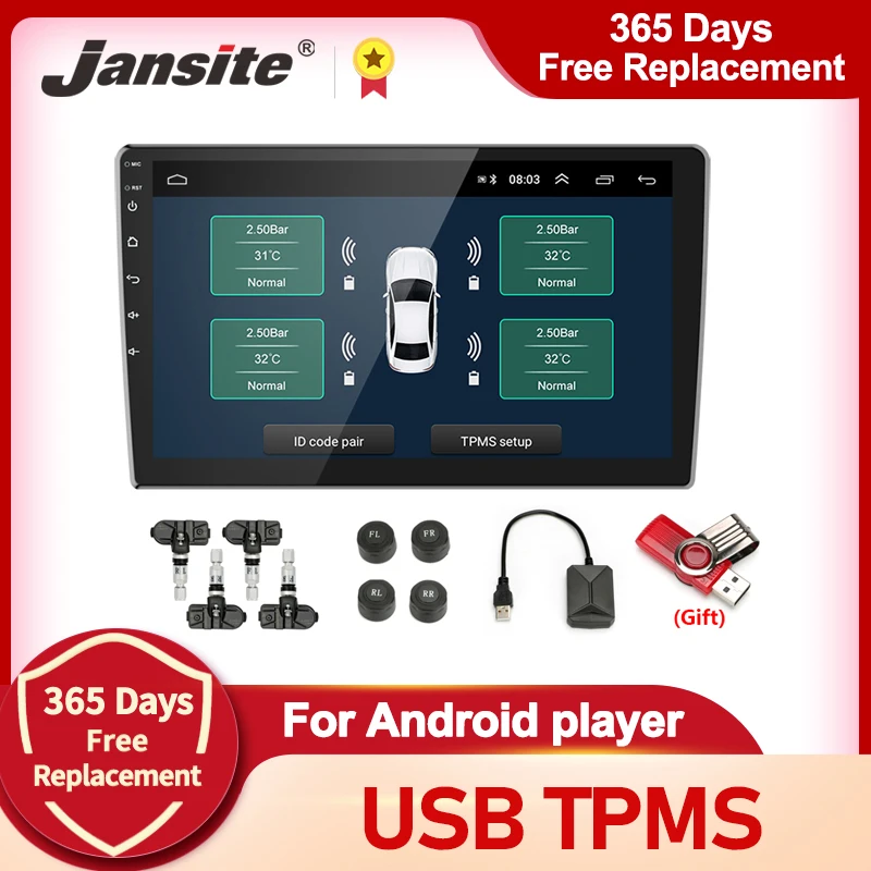 

USB Android TPMS Car Tire Pressure Alarm Monitor System For vehicle Android player Temperature Warning with four sensors