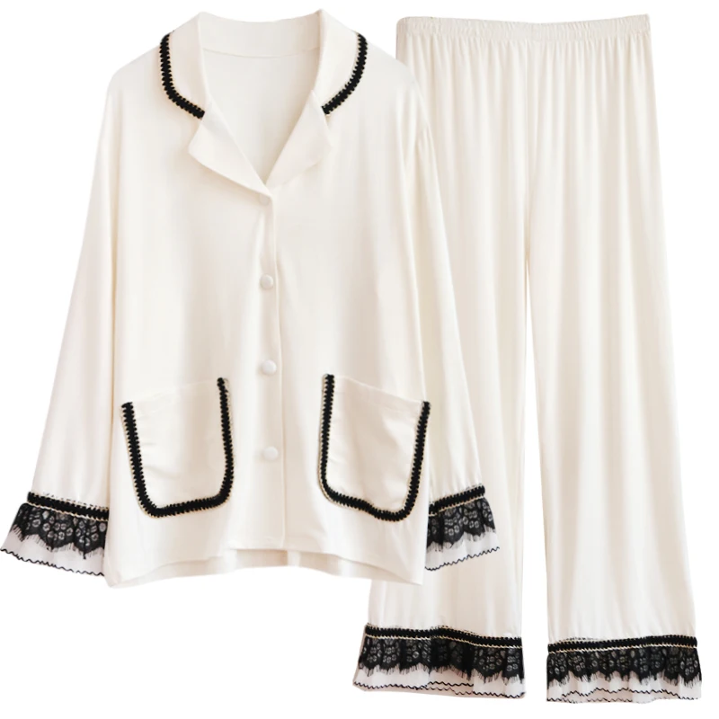 Sexy Lace Spring Pajama Sets Women Plus Size M-3XL Chic Elegant Tender Patchwork Long Sleeve Pockets High Waist Sleepwear Soft