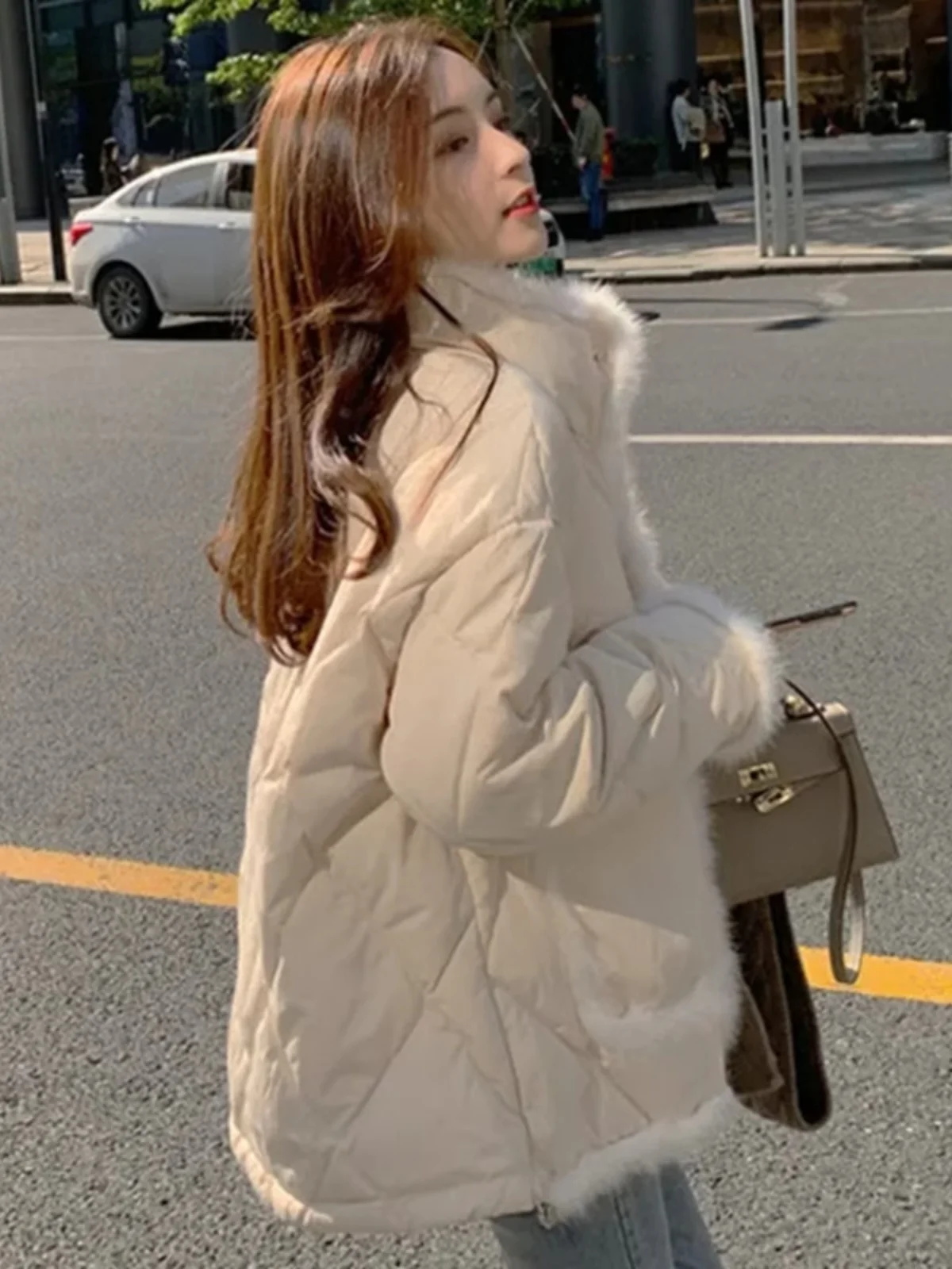 Fashion Patchwork White Frayed Cotton-Padded Coat for Women 2025 Winter New Rhombus Small Korean Sle Loose Outerwear