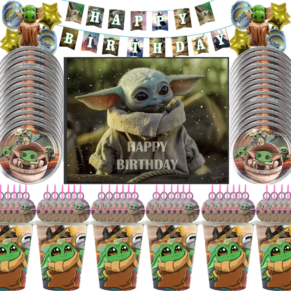 

Baby Yoda Party Supplies Yoda Disposable Tableware Gift Bag Cups Cake Topper Balloon Banner For Kids Birthday Party Decorations