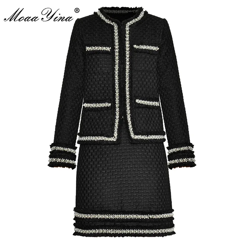

MoaaYina Fashion Runway Spring Tweed Black Skirts Suit Women Beading Long sleeve Short Coat + Pencil Skirt 2 Pieces Set