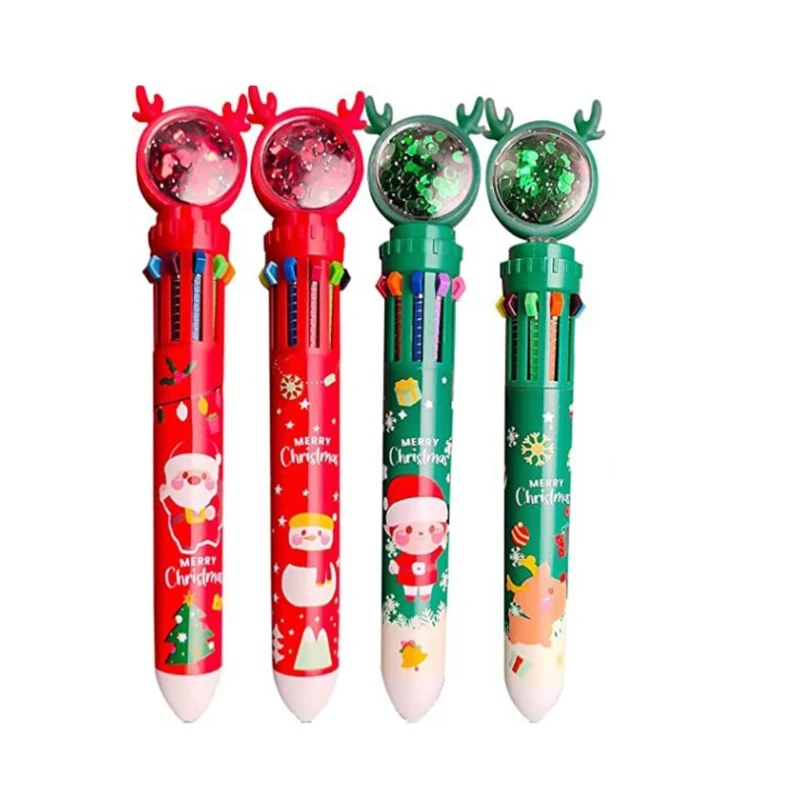 

4X Lovely Ten Color Pen In One Press Ballpoint Pen Xmas Themed Smooth Writing for Planner Writing Journaling Taking Note JIAN