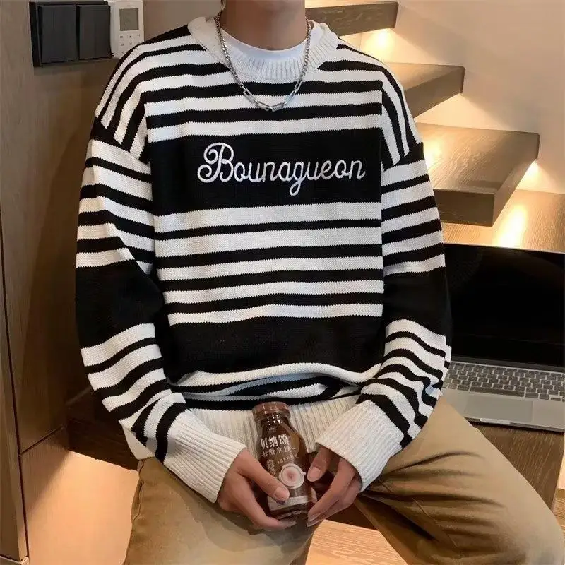 

Свитер полосатый мужской, Свободный пуловер в стиле ретро, топ, Осень-зима