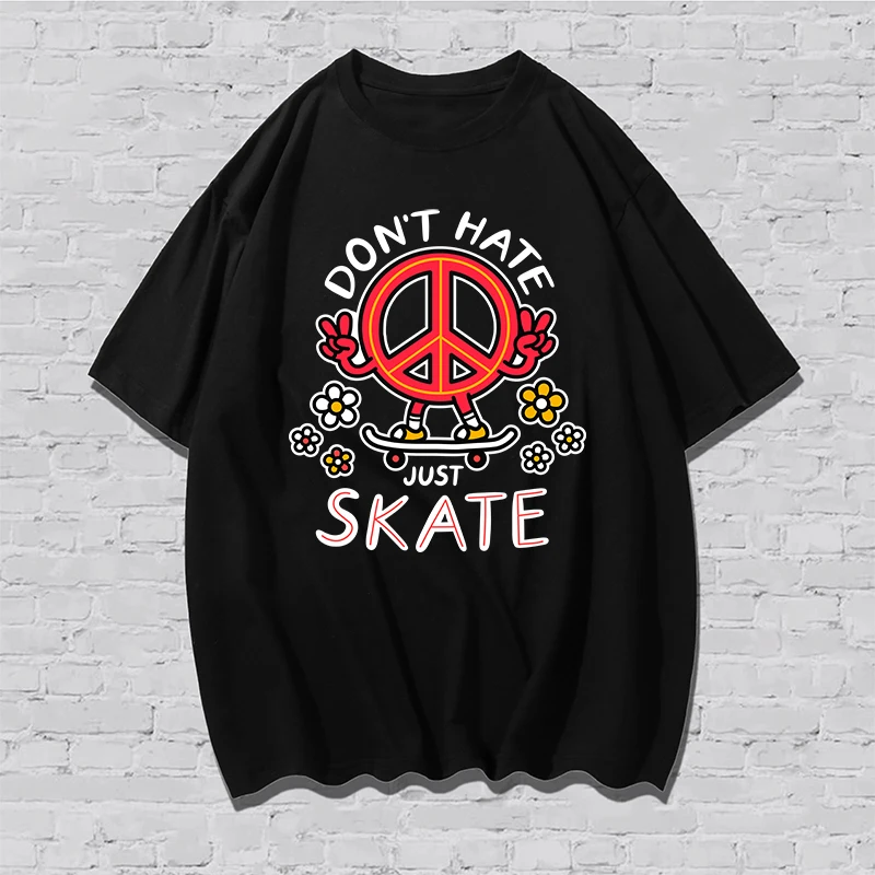 

Хлопковая футболка с круглым вырезом для мужчин и женщин, Повседневная Свободная летняя футболка с коротким рукавом и принтом «Don't hate Skate» для мальчиков