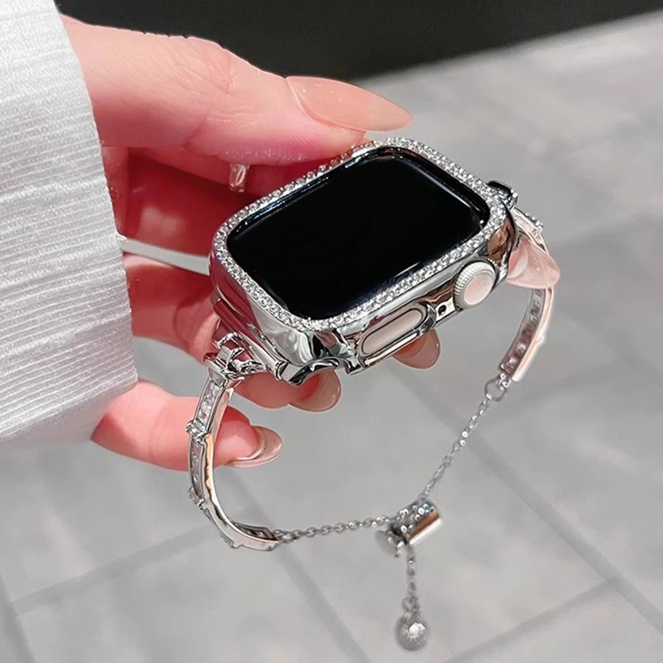 Фото Роскошный тонкий ремешок с бриллиантами для Apple Watch серии 11, 10, 9, 8, 7, 6 SE 5, UItra iWatch 49/46/45/44/42/41/40/38 мм, металлический браслет №2