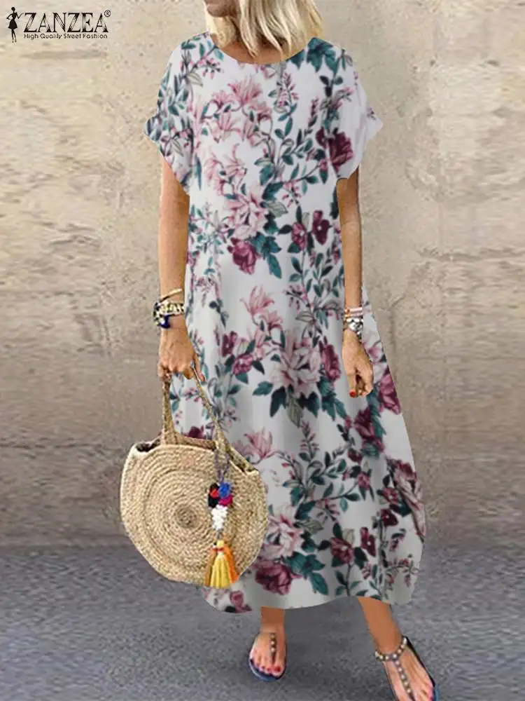 

Платье ZANZEA женское оверсайз, пляжный праздничный сарафан в богемном стиле, винтажный цветочный принт, с коротким рукавом, кафтан, на лето