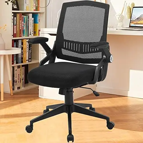 

Chair, Mesh Desk Executive Chair with 90° Flip-up Arms & Thick Cushion, Task Computer Home Chair with 5 Years Warranty, Bla