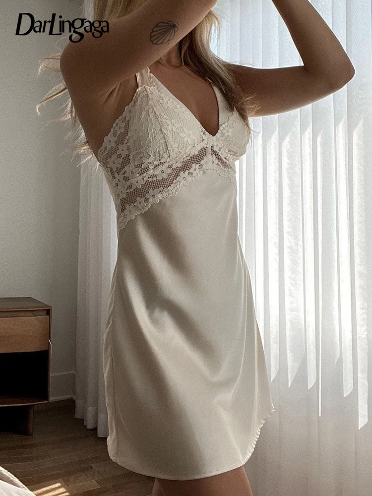 

Darlingaga Strap V Neck Lace Patchwork Satin Sexy Dress Mini Chic Fashion Elegant Transparent Sundress Ladies Summer Dresses Y2K
