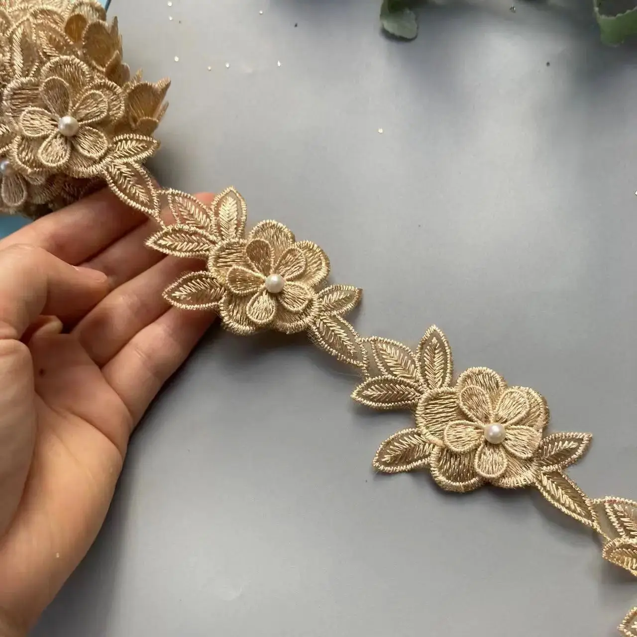 1 ярда золотой жемчужный цветок лист ручная работа вышитая бисером кружевная