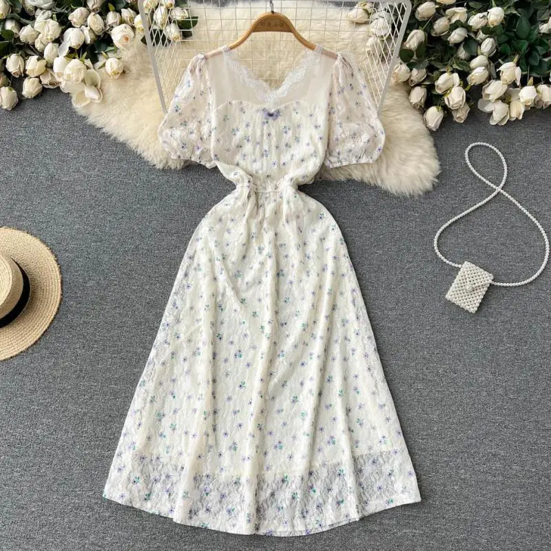 

WEIHAOBANG 2022 Summer Women's New Floral Lace Stitching V-neck Short Sleeve Slim Dress Casual Medium Long A-line Skirt