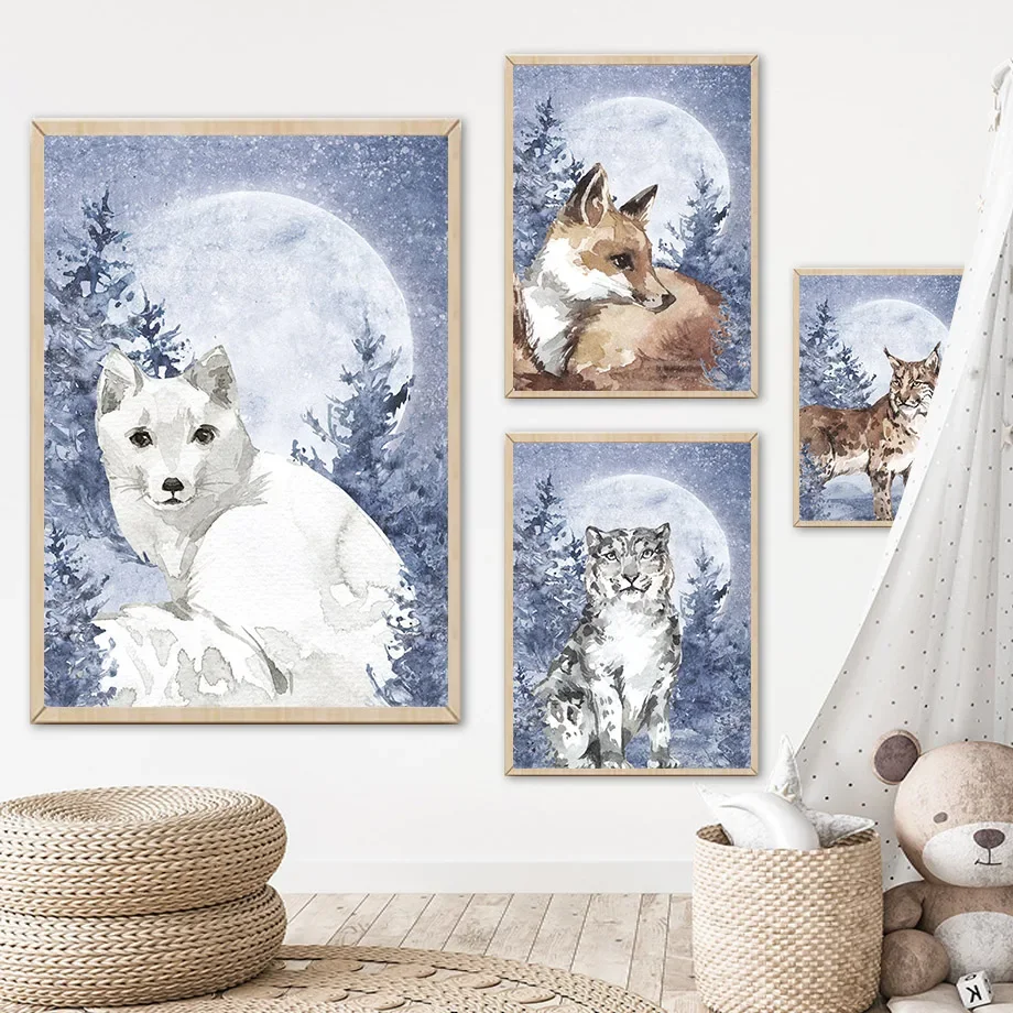 Акварель дикий лес животное полная луна волк лиса Лев искусство холст живопись