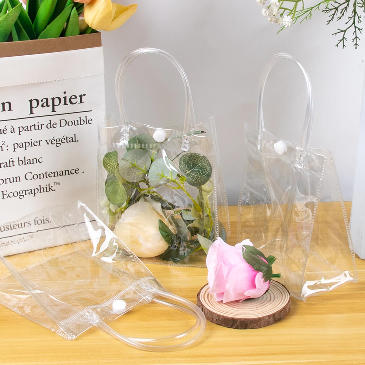 10 шт. прозрачный пластиковый подарочный пакет с ручкой праздничный многоразовая