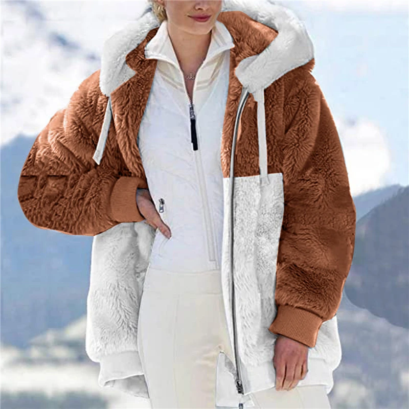

2023 Women Autumn Long Teddy Jacket Winter Warm Thick Fleece Faux Fur Coat Plush Zipper Coat Woman Casual Splice Color Warm Top