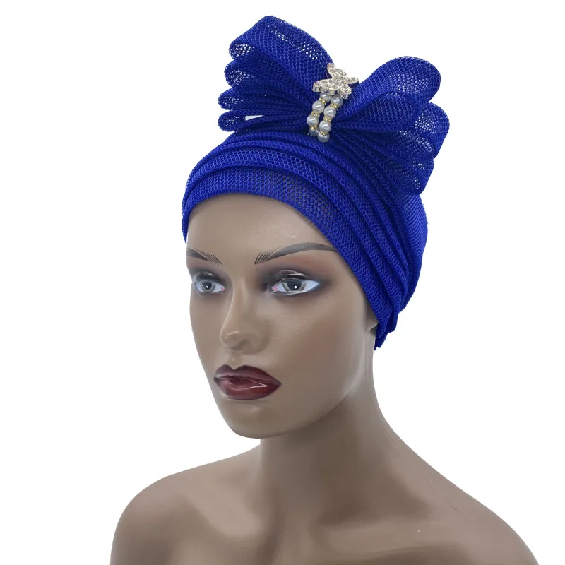 

2022 Trending Round Pleated Turban Cap with Multi-bow Design Breathable Mesh Muslim Headscarf Bonnet Already African Headtie