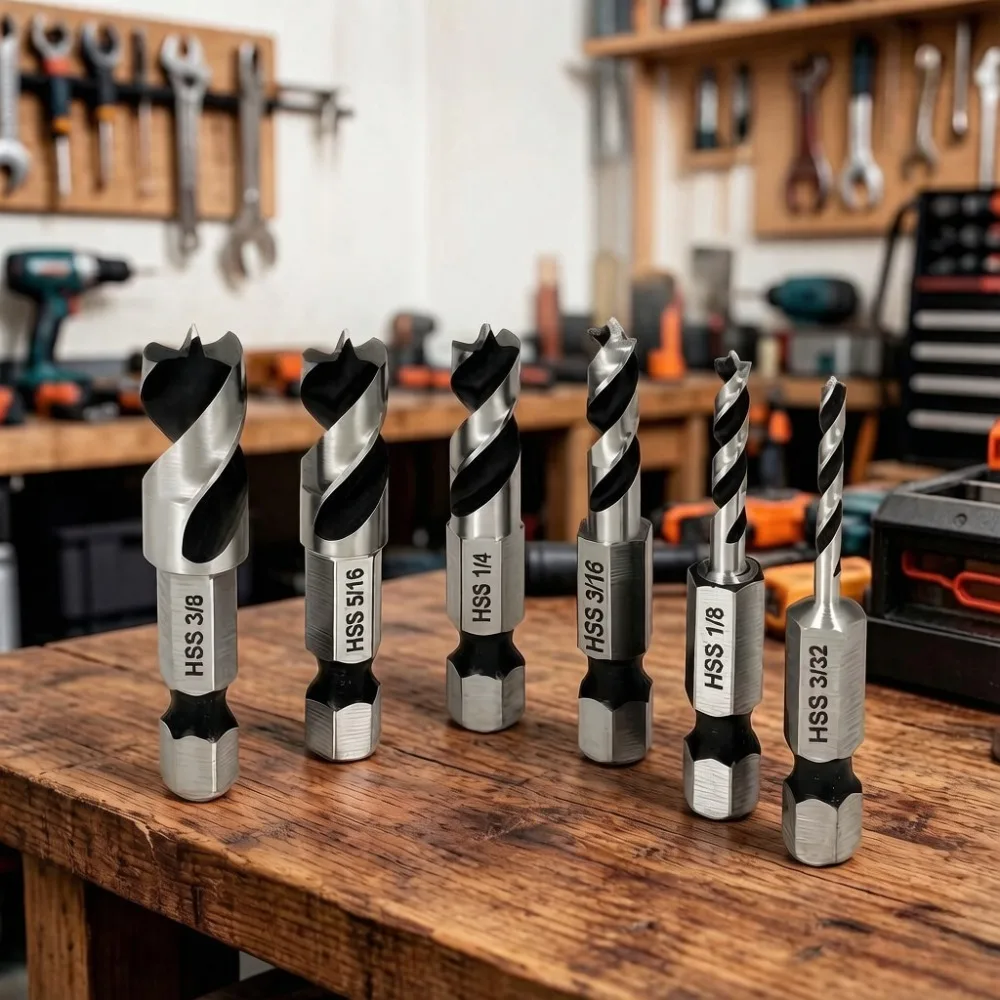 Фото Набор из 6 коротких сверл HSS SAE Brad Point с быстросменным шестигранным хвостовиком 3/32-3/8 дюйма (1/4 дюйма) для твердых и мягких пород дерева, ЧПУ №1