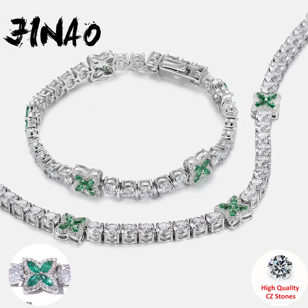 Фото Браслет JINAO 5MM с зелеными фианитами в стиле хип-хоп, с застежкой-клевером, роскошное блестящее украшение Y2K, подарок для мужчин-рэперов №1