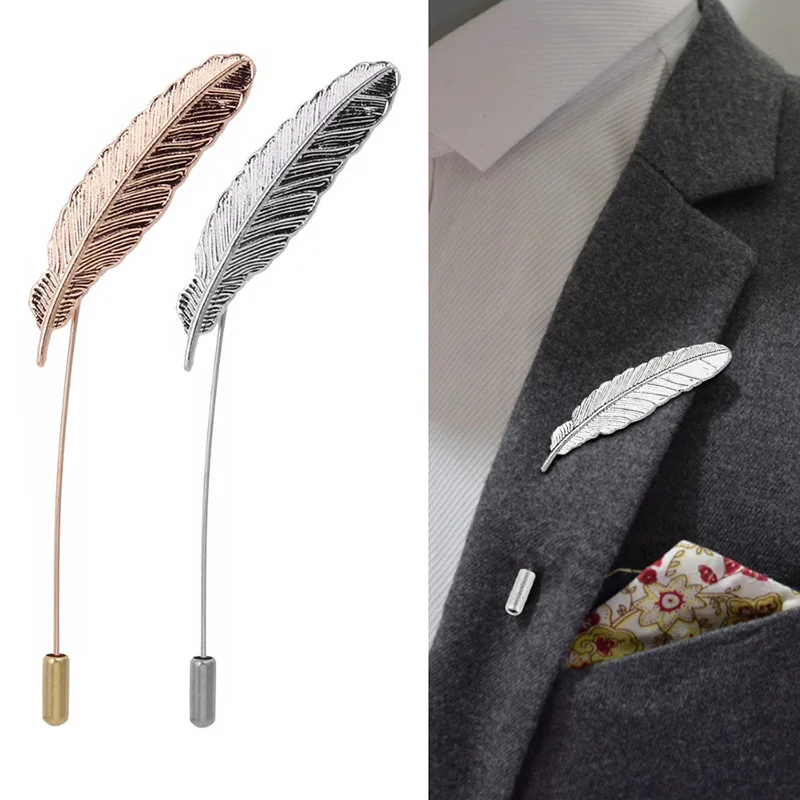 

New Retro Style Feather Shawl Pin Lapel Pin Men's Suits Leaf Brooches Wedding Party Corsage Collar Boutonniere Stick Suit Brooch