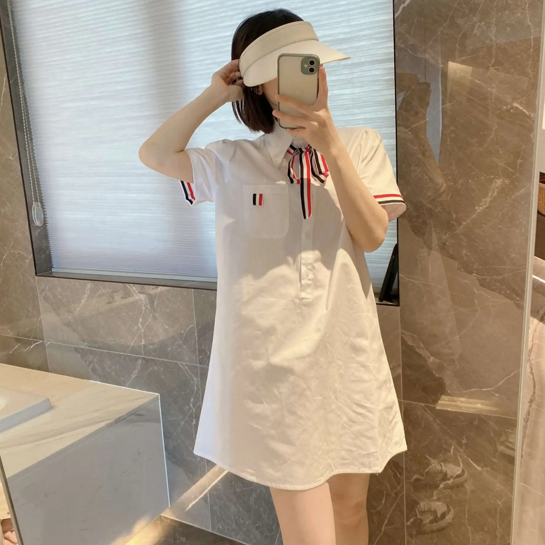 

High Quality Korean Style TB Tie Bow White Short Sleeve Shirt Dress 23 New Women's Summer Waist Cropped Shirt Dress Women