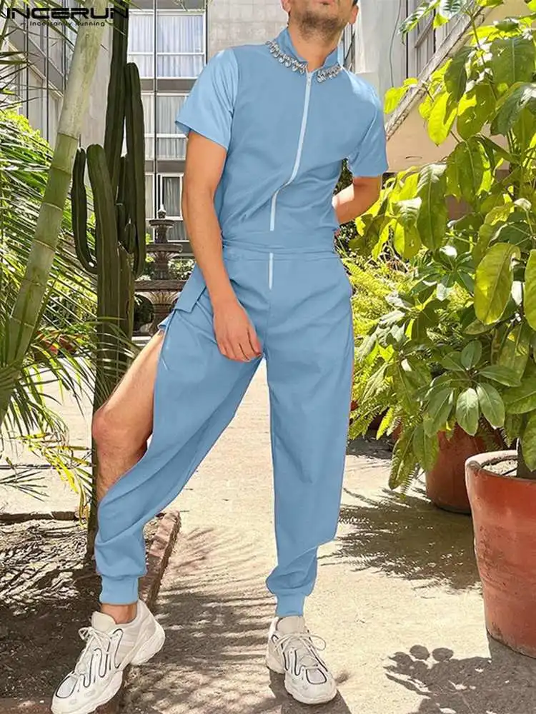 

Комбинезон INCERUN мужской с коротким рукавом, модный однотонный Ромпер на молнии, уличная одежда с вырезами, повседневный на шнуровке, 5XL, 2022