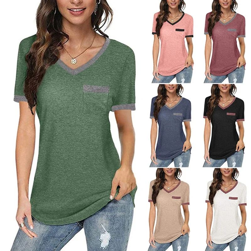 

Women's Fashion Casual V-Neck Contrast Color Loose Short-Sleeved T-Shirt Tops
