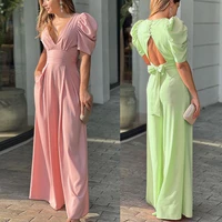 womens sexy playsuits elegant lady streetwear deep v neck short sleeve tunic straight jumpsuit ladies backless romper overalls