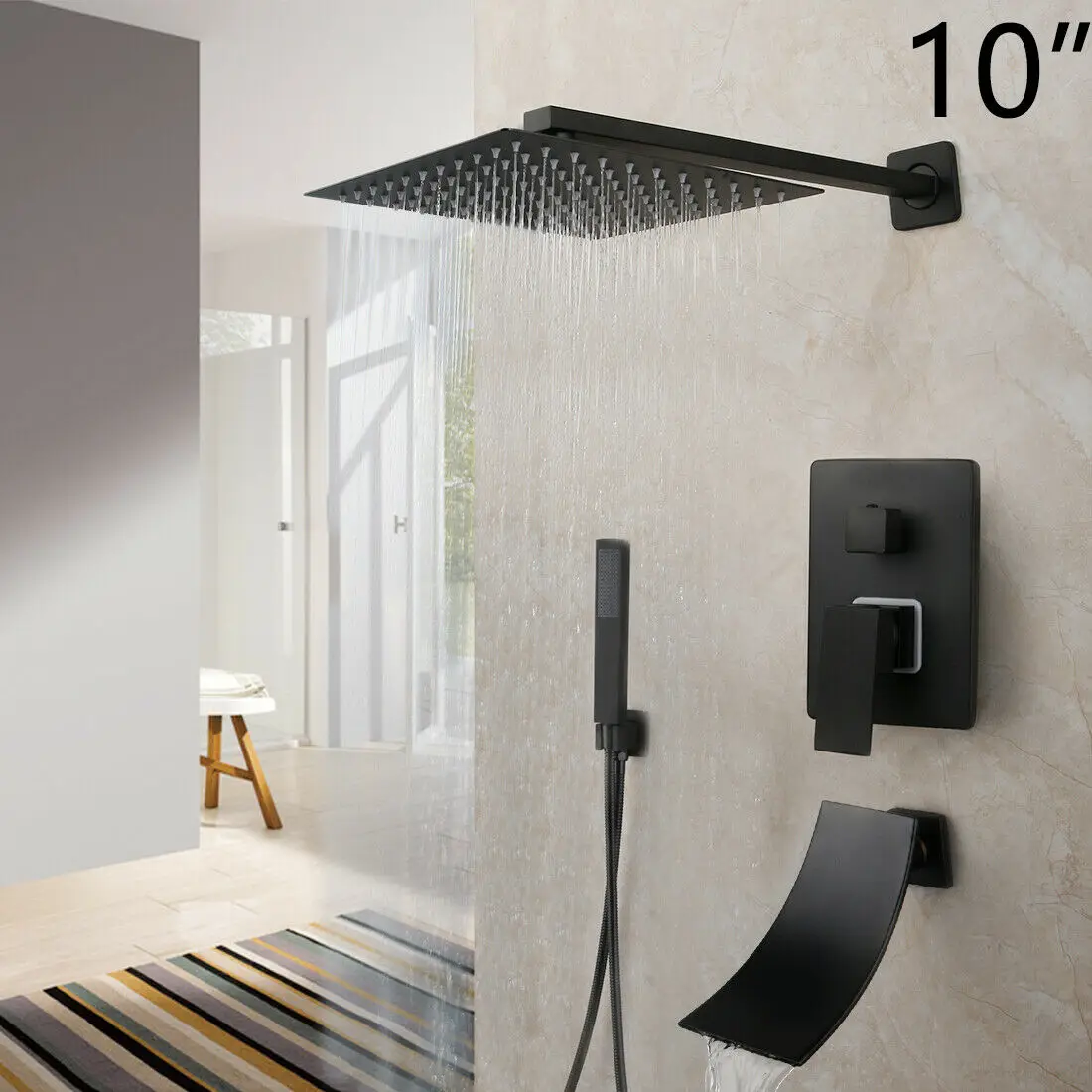 

JIENI 3- function 10''Black Rainfall Shower Hand Sprayer Waterfall Spout Mixer Wall Mounted Kit