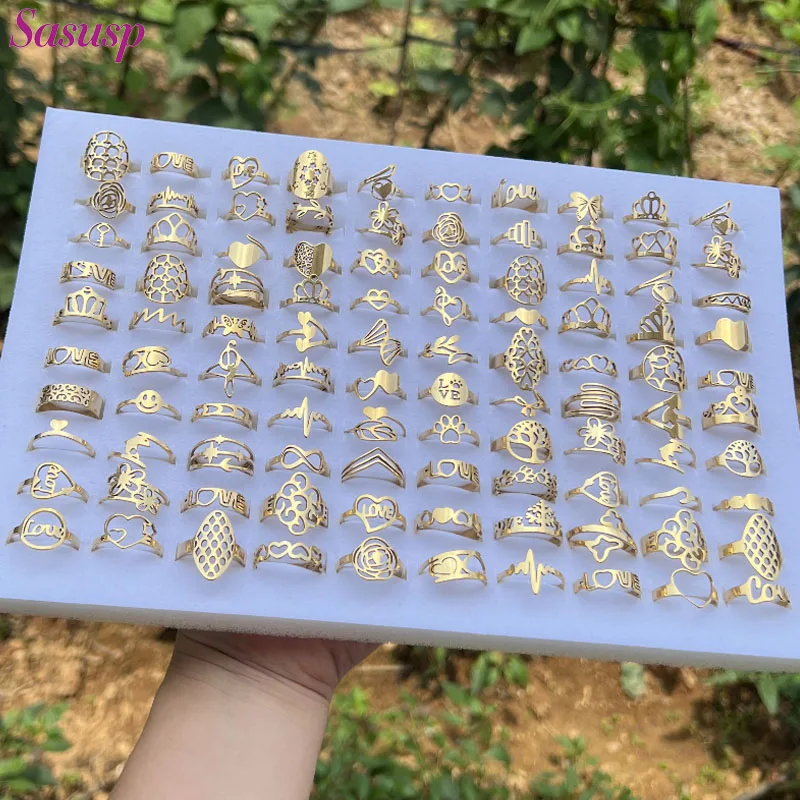 

100 шт./лот кольца в форме сердца для женщин кольцо из нержавеющей стали с пентаграммой Оптовая Продажа Модные ювелирные изделия много золоты...