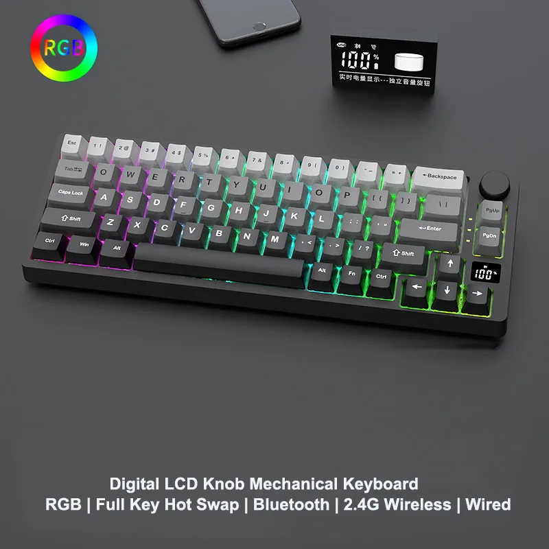

65% RGB Mechanical Keyboard Bluetooth/2.4G Wireless/wired Customized Hot Swappable with Knob and Digital LCD