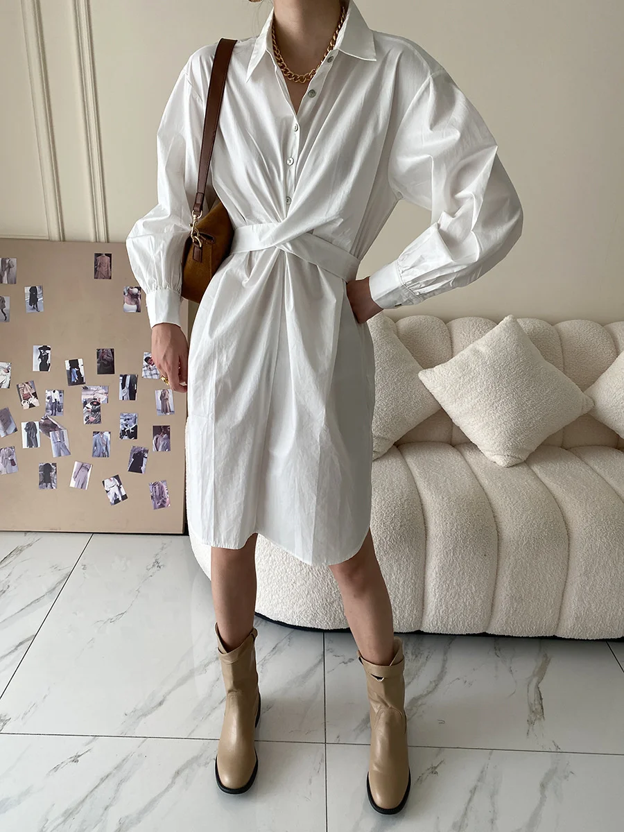 

Autumn Women Shirt Dress Turn Down Collar Cross High Waist Single Breasted Long Sleeve A-line Mini Solid Cotton Dresses 2022