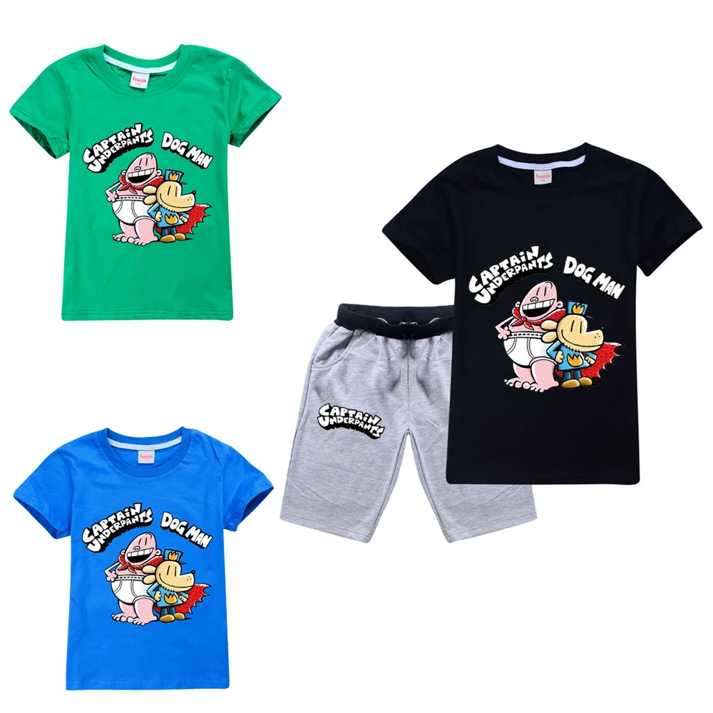 

Hot Sale Cartoon Kids TShirt Shorts 2PCS Captain Underpants Graphic DogMan Baby Boys Girls Clothe Summer Children Cotton T-Shirt