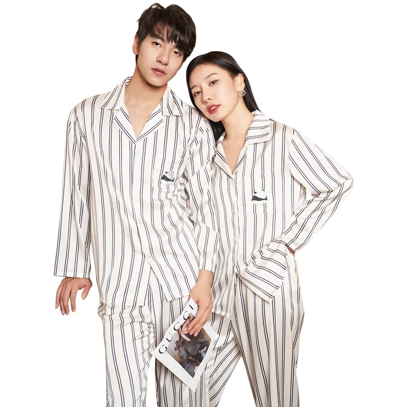 Panda Embroidery Couple Pajamas Long-sleeved Trousers Satin Pajamas Men's and Women's Home Clothes Suit Kawaii Clothes