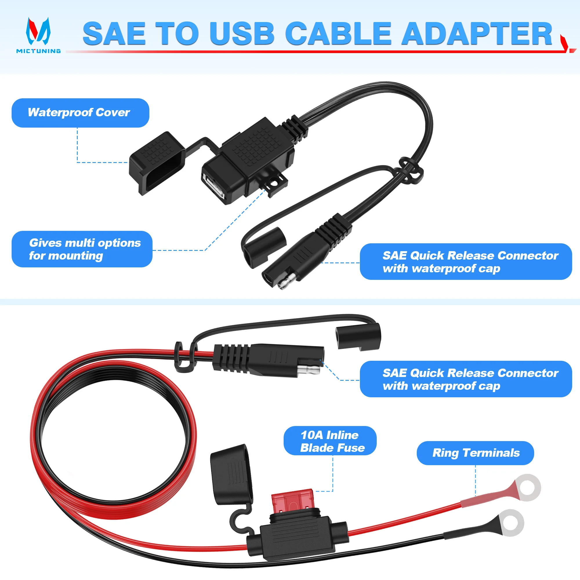MICTUNING SAE-USB-кабель-адаптер SAE быстроразъемный 2 1 А водонепроницаемый USB-порт с