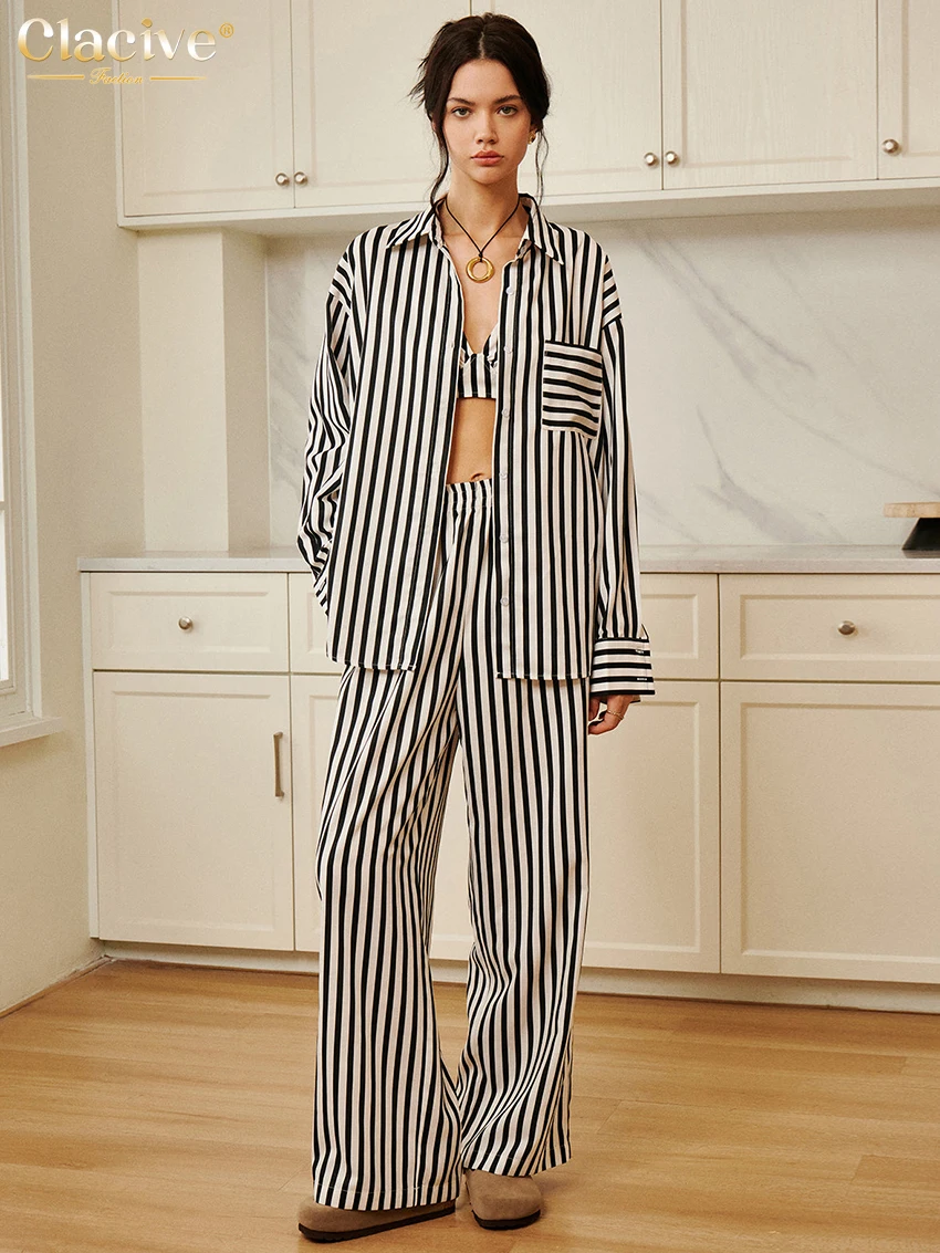 Clacive Fashion Свободные брюки в полоску с принтом Женские комплекты из 3 предметов