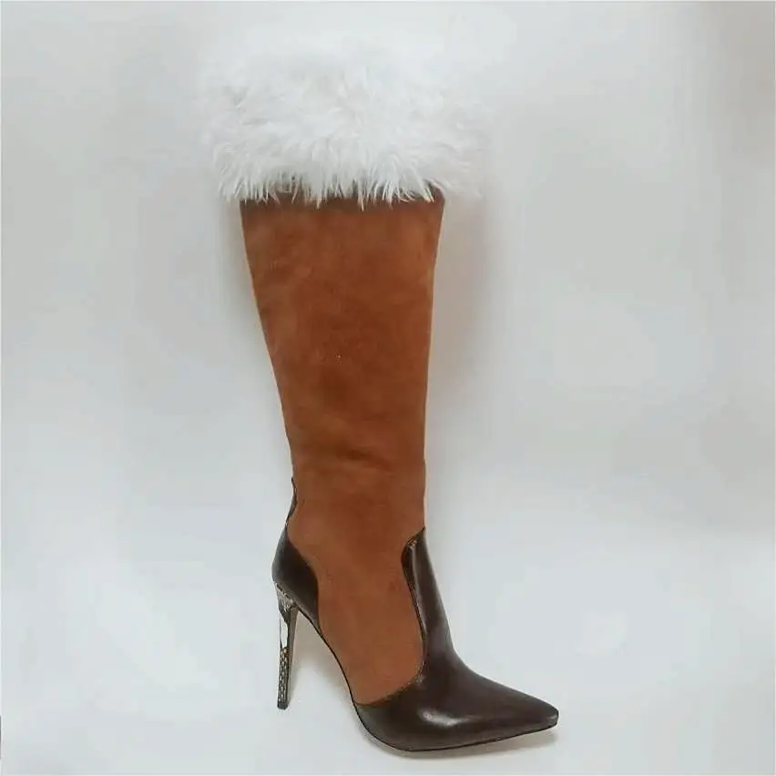 Женские замшевые сапоги до колена с острым носком и молнией сбоку