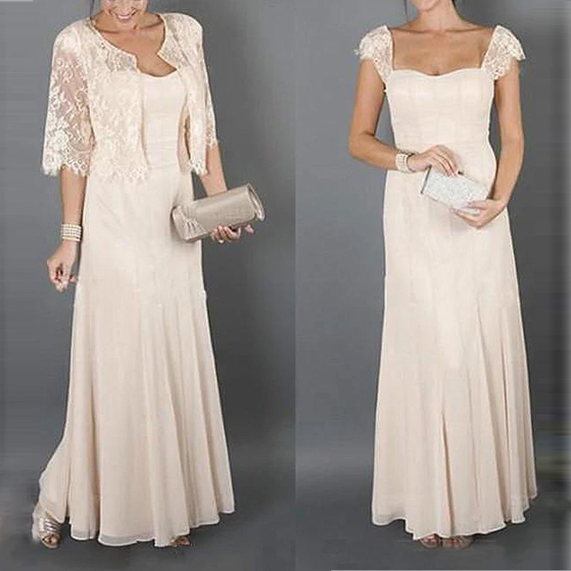 

Elegant Plus Size Mother Of The Bride Dresses With Jacket Champange Satin 2 Pieces Mother Of The Bride Dresses For Wedding