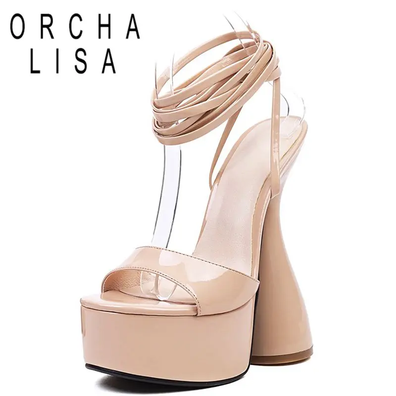 

ORCHA LISA Fashion Patent Leather Women Sandals Peep Toe Strange Heels Crossover Strap Lace-up Big Size 34-43 Solid Party S3933