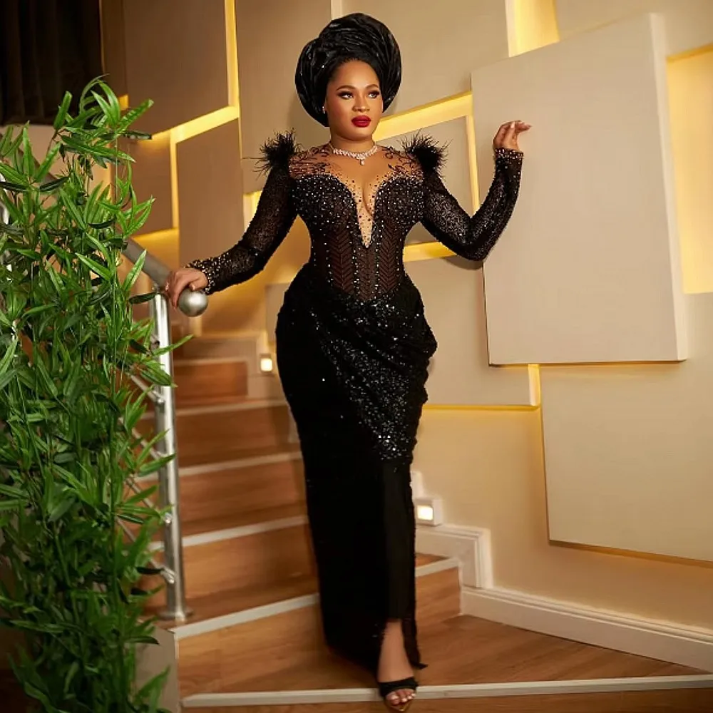Черные нигерийские вечерние платья с перьями бусинами и блестками платье