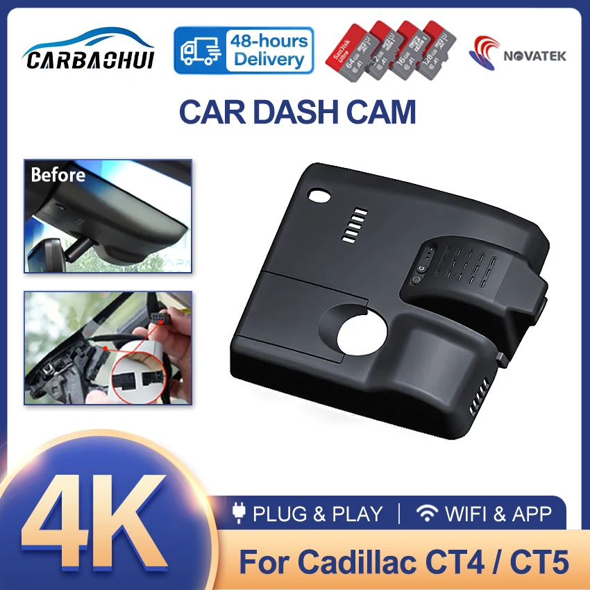 New! Car DVR Plug and play 4K Dash Cam Camera Video Recorder HD Night vision For Cadillac CT4 CT5 2019-2022,Wireless DashCam