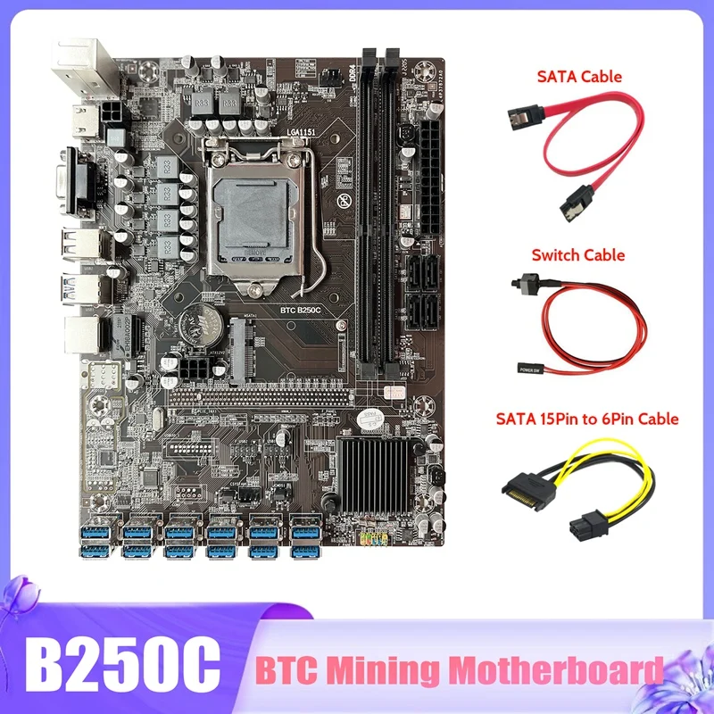 

NEW-B250C BTC Mining Motherboard+SATA Cable+Switch Cable+SATA 15Pin To 6Pin Cable 12X PCIE To USB3.0 GPU Slot Motherboard