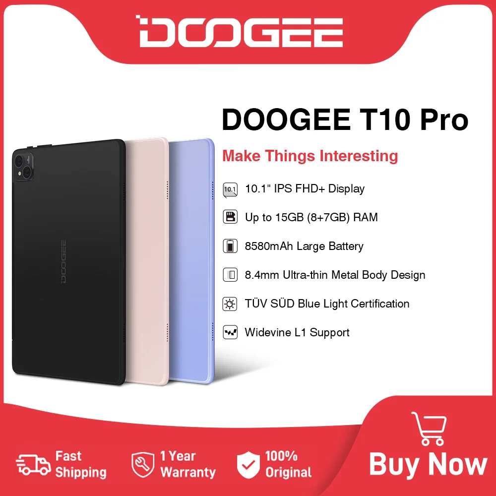 Планшет DOOGEE T10 Pro, 8 ГБ + 256 ГБ, 10,1 дюйма, FHD, Сертифицированный TUV, 8580 мАч, 8,4 мм, металлический корпус, основная камера 13 МП, поддержка основной камеры, портативный L1