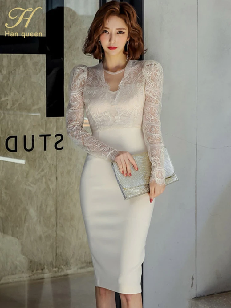 Lace Dress Sexy Business Party Chic Long Sleeve Women Casual