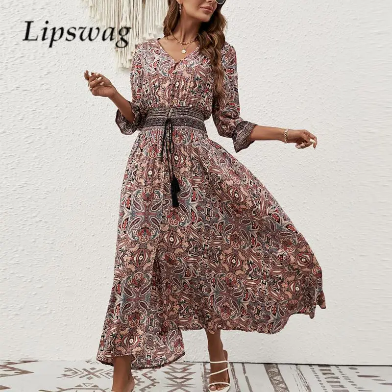 

Elegant Ladies Half Sleeve Button Beach Dress Boho Summer V Neck Slim Waisted Long Dress Vintage Totem Print Ethnic Style Dress