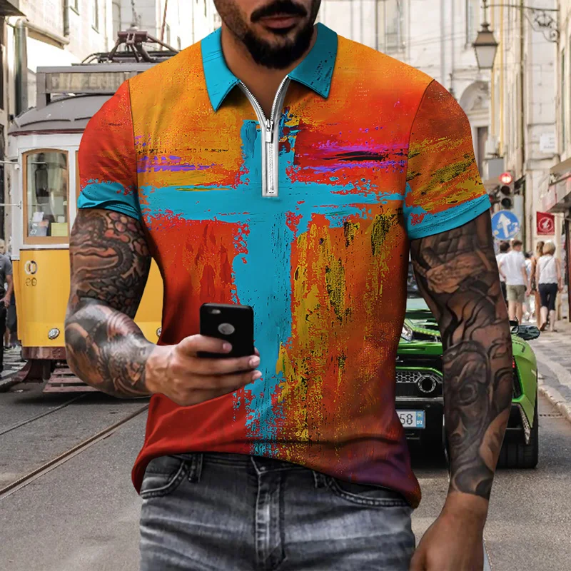 

Men's Short Sleeve Polo Shirt with Zip Casual African Tribal Pattern 3D Printed Sweatshirt Summer T-Shirt Men's Top