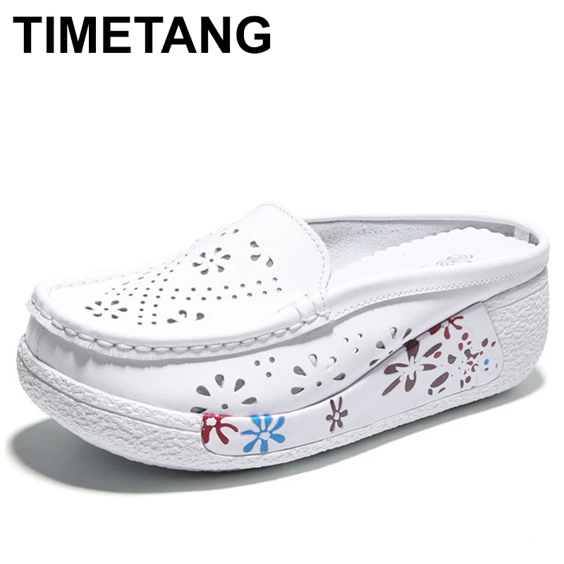 

TIMETANG Summer Women Platform Slipper Flip Flops Breathable Leather Casual Shoes Slip-on Comfortable Nurses Shoes Wedges Sandal