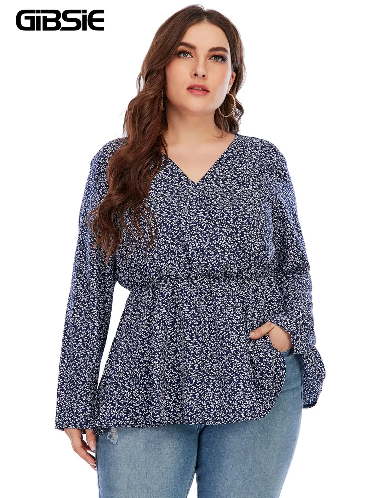 

GIBSIE Plus Size V Neck Ditsy Floral Print Women Tops And Blouses 3xl 4xl Spring Summer Casual Long Sleeve Peplum Blouse
