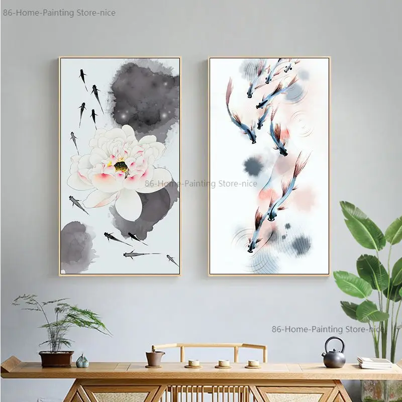 Абстрактная картина в китайском стиле с принтом рыб и кои лотоса постер фэн-шуй