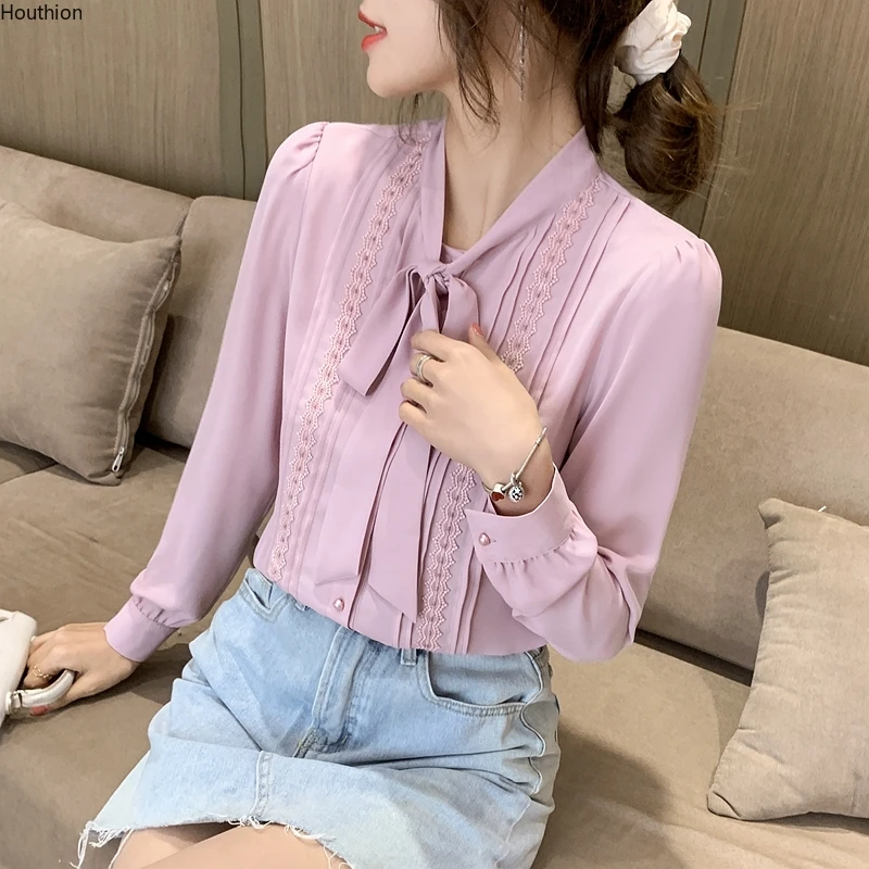 

Women's Blouses Fashion Shirt Splicing Chiffon Top New V-neck Long Sleeve Summer Bow Female Clothes Movafag