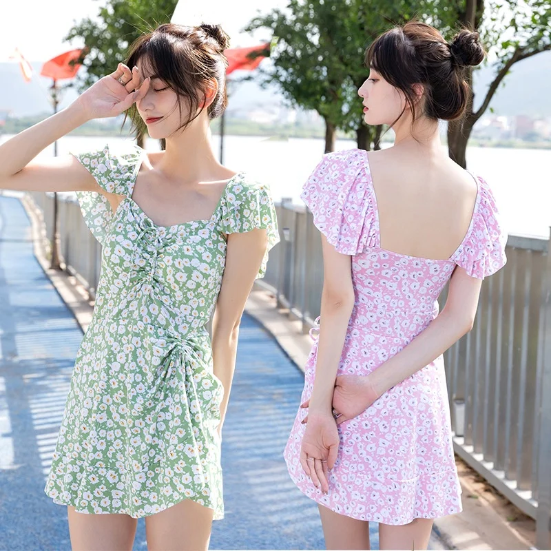 

Honeymoon Swimsuit Women One-Piece Boxer Halter Cover Belly Floral Pleated