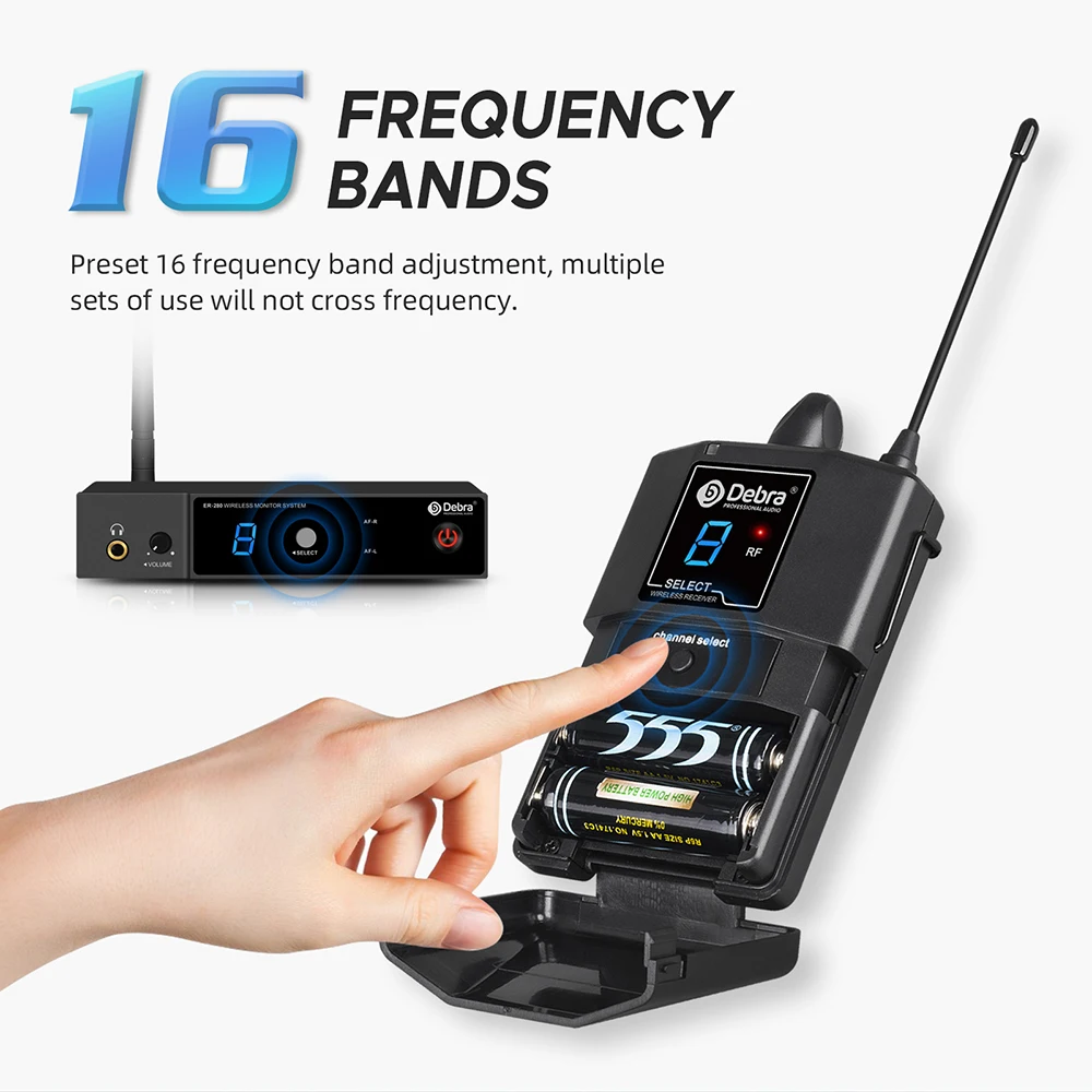 Фото Беспроводная система мониторинга Debra ER-280, Bluetooth 5.0, UHF, с несколькими приемниками, для концертов и студий звукозаписи №5